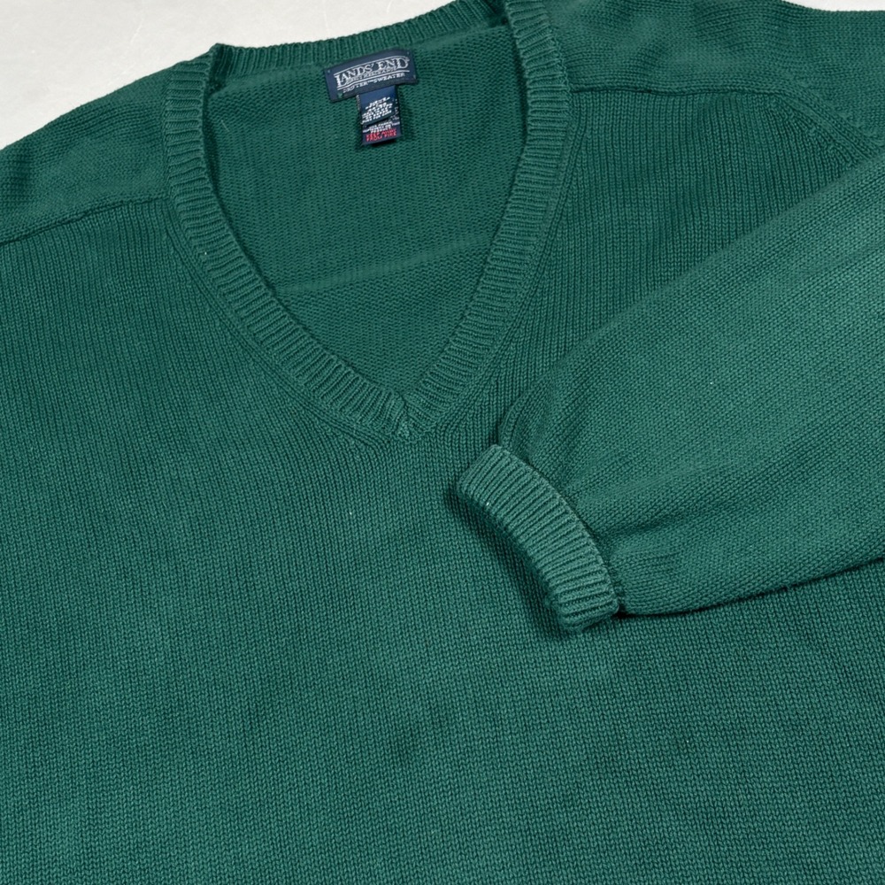 Lands End Sweater Mens Large Drifter Green V-Neck Shaker Knit Cotton USA Made